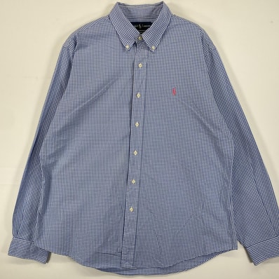 古着 90's/90年代 ラルフローレン RALPH LAUREN 長袖シャツ ボタンダウン ロゴ刺繍 ギンガムチェック XL ブルー系 ストライプ メンズ