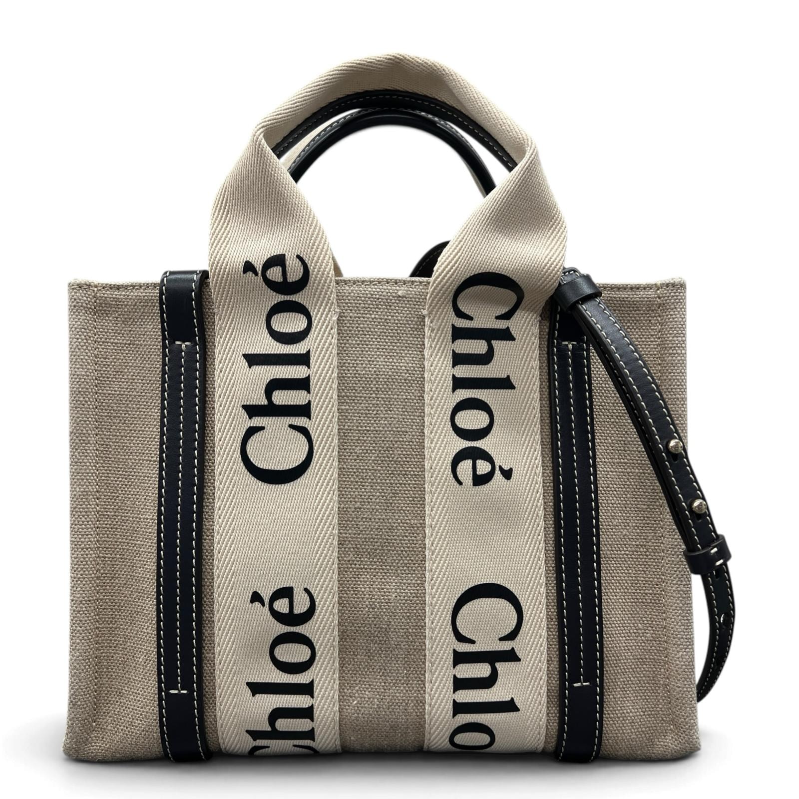 CHLOE 極美品 クロエ WOODY ウッディ スモールトート 2way トートバッグ ショルダーバッグ キャンバス レザー ベージュ マルチカラー ロゴ 肩掛け クロスボディ Aランク 中古 鑑定済 クロエバッグ