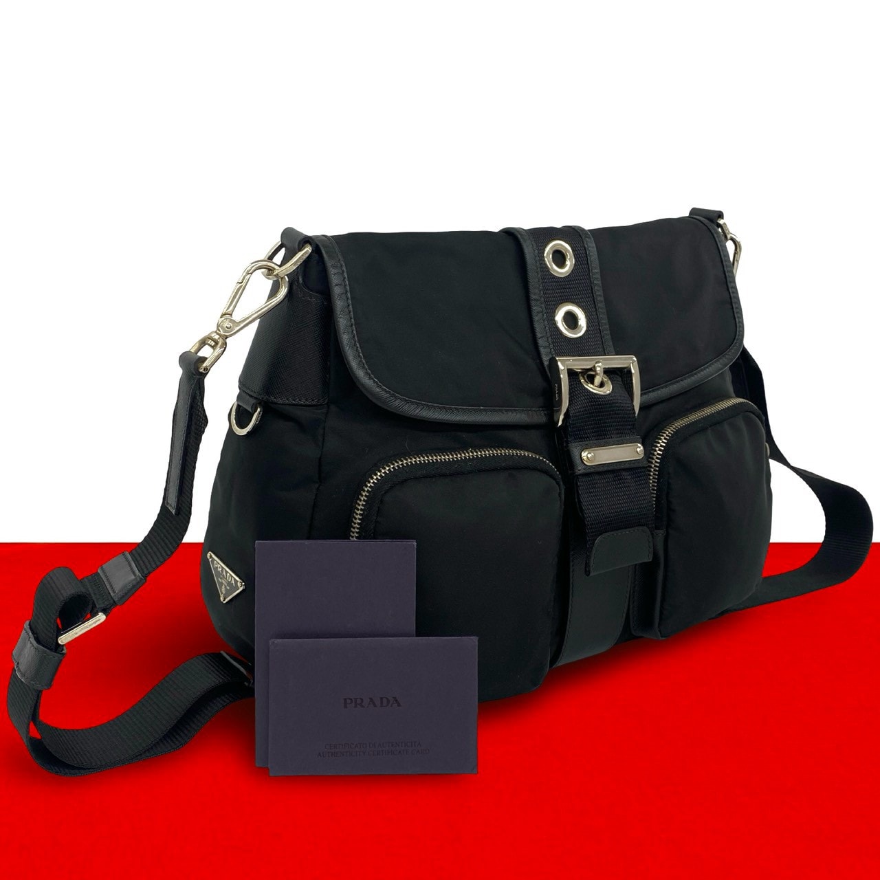 PRADA プラダ 三角 ロゴ 金具 ナイロン レザー ショルダーバッグ ブラック
 04113