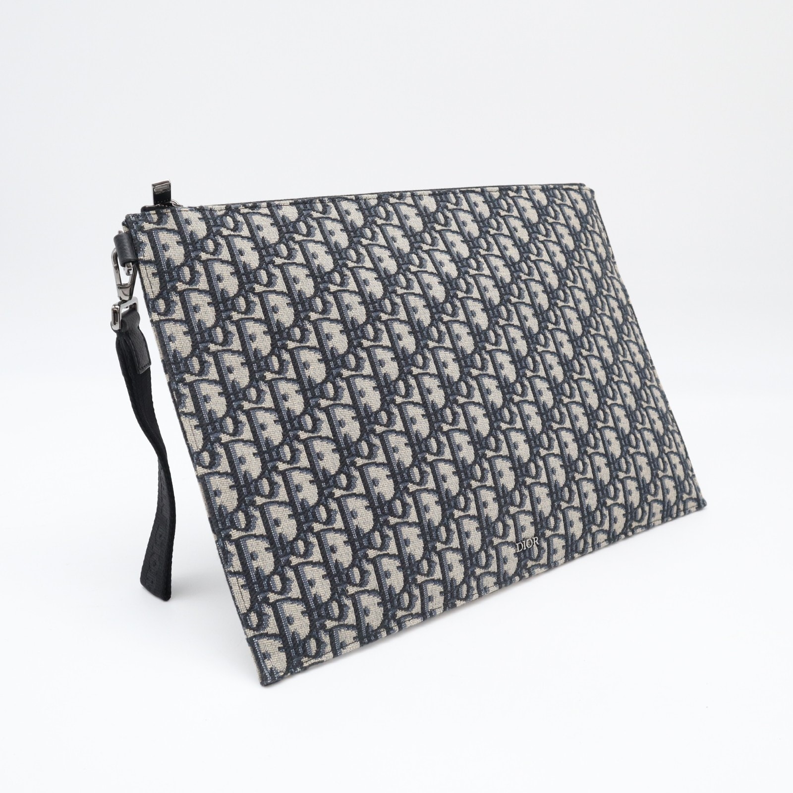 極美品 Dior ディオール ディオール オブリーク ジャカード A4 ポーチ 2ESCA549YSE クラッチバッグ ネイビー ベージュ カーフレザー コットン レディース