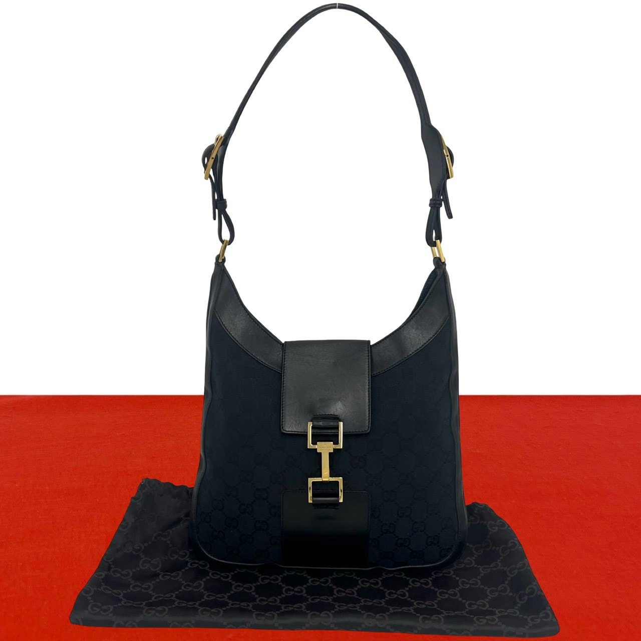 GUCCI グッチ ジャッキー 金具 GG 柄 キャンバス レザー ショルダーバッグ ブラック
 72052
