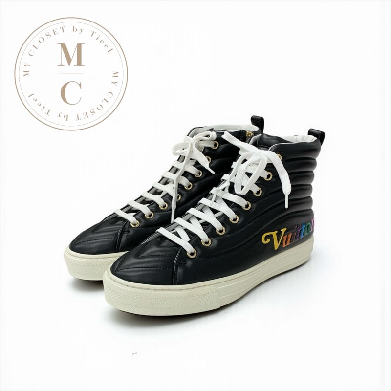 ルイヴィトン LOUIS VUITTON ステラーライン スニーカー 靴 シューズ レザー ブラック マルチカラー ロゴ キルティング ハイカット