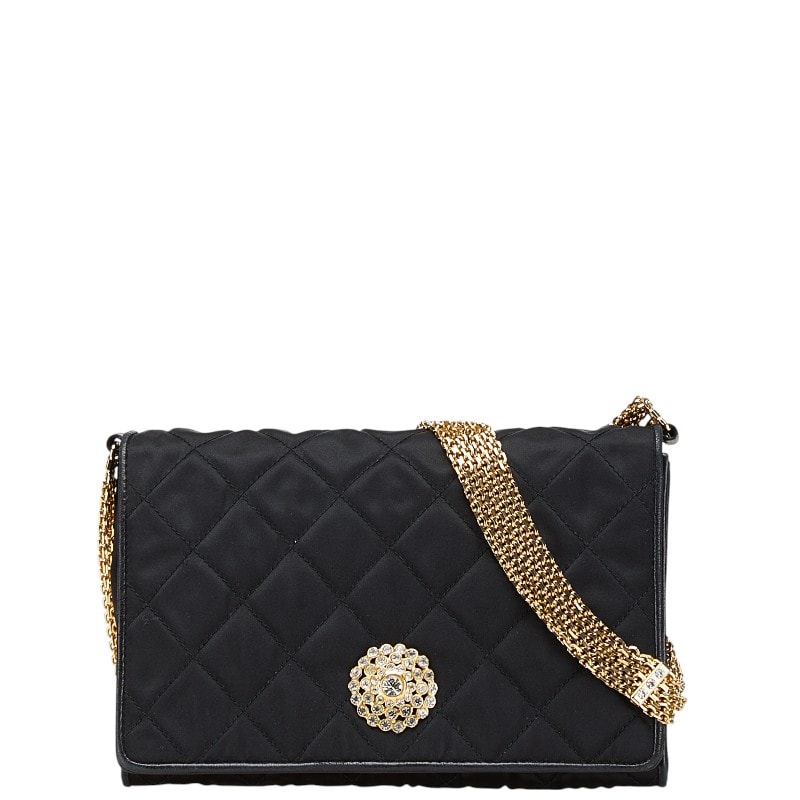 シャネル マトラッセ ラインストーン チェーン ショルダーバッグ ブラック サテン レザー レディース CHANEL 【中古】