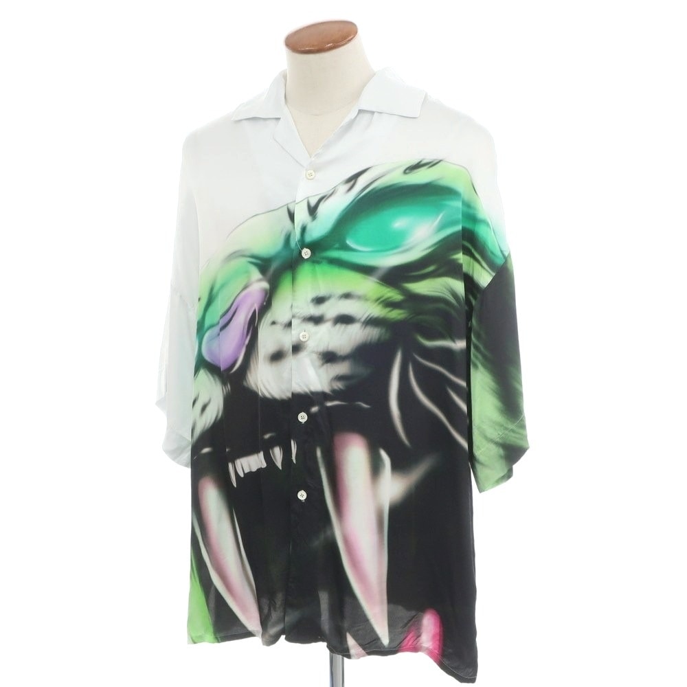 【中古】ジェリット ジェイコブ Gerrit Jacob レーヨン オープンカラー 半袖シャツ シルバーxグリーン【サイズM】【メンズ】