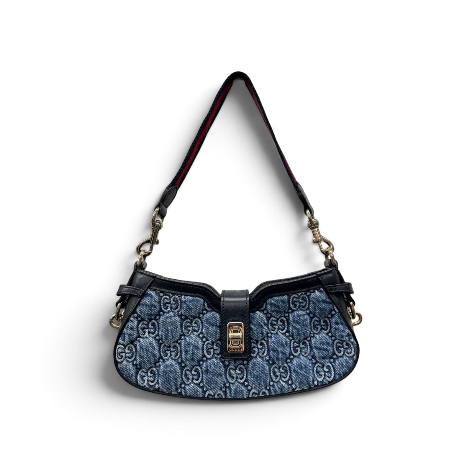 GUCCI 希少 展示品級美品 グッチ ムーンサイド GGデニム ショルダーバッグ 786015 デニム レザー ブルー ハンドバッグ ポーチ ウェブ GG SAランク 中古 鑑定済 グッチバッグ