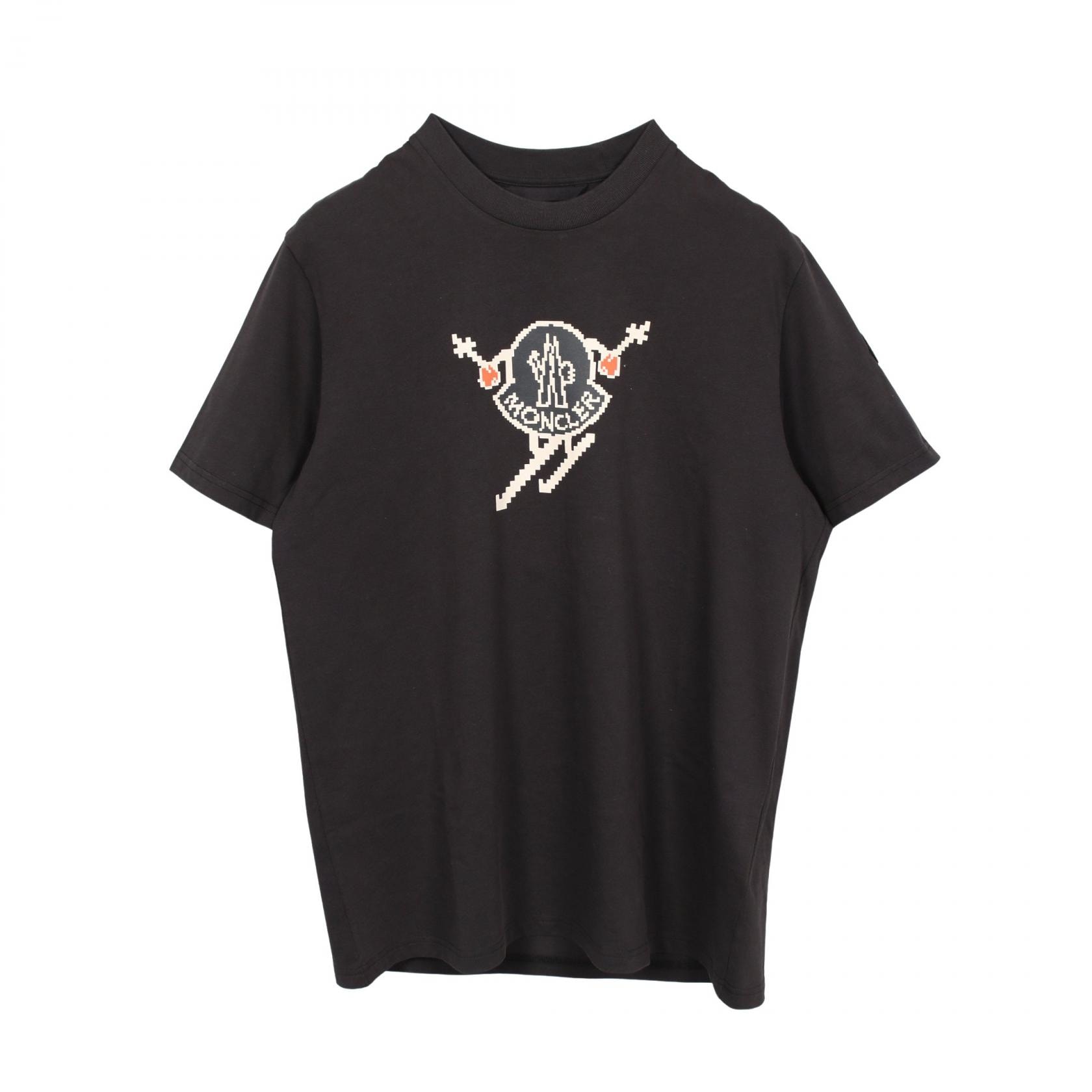 モンクレール MONCLER ロゴプリント クルーネック 半袖Tシャツ 衣料品 トップス コットン メンズ ブラック系 【中古】