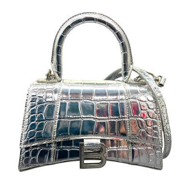 BALENCIAGA 極美品 バレンシアガ アワーグラス XS クロコ型押し 2way ハンドバッグ ショルダーバッグ 592833 レザー シルバー シルバー金具 クロスボディ ポシェット ユニセックス Aランク 中古 鑑定済 バレンシアガバッグ