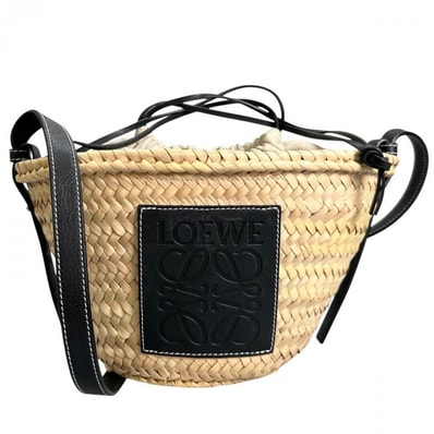 LOEWE ロエベ ショルダーバッグ ドローストリング かごバッグ 斜め掛け A223222X01 ラフィア カーフ ブラック 黒 シルバー金具 レディース【中古品】
