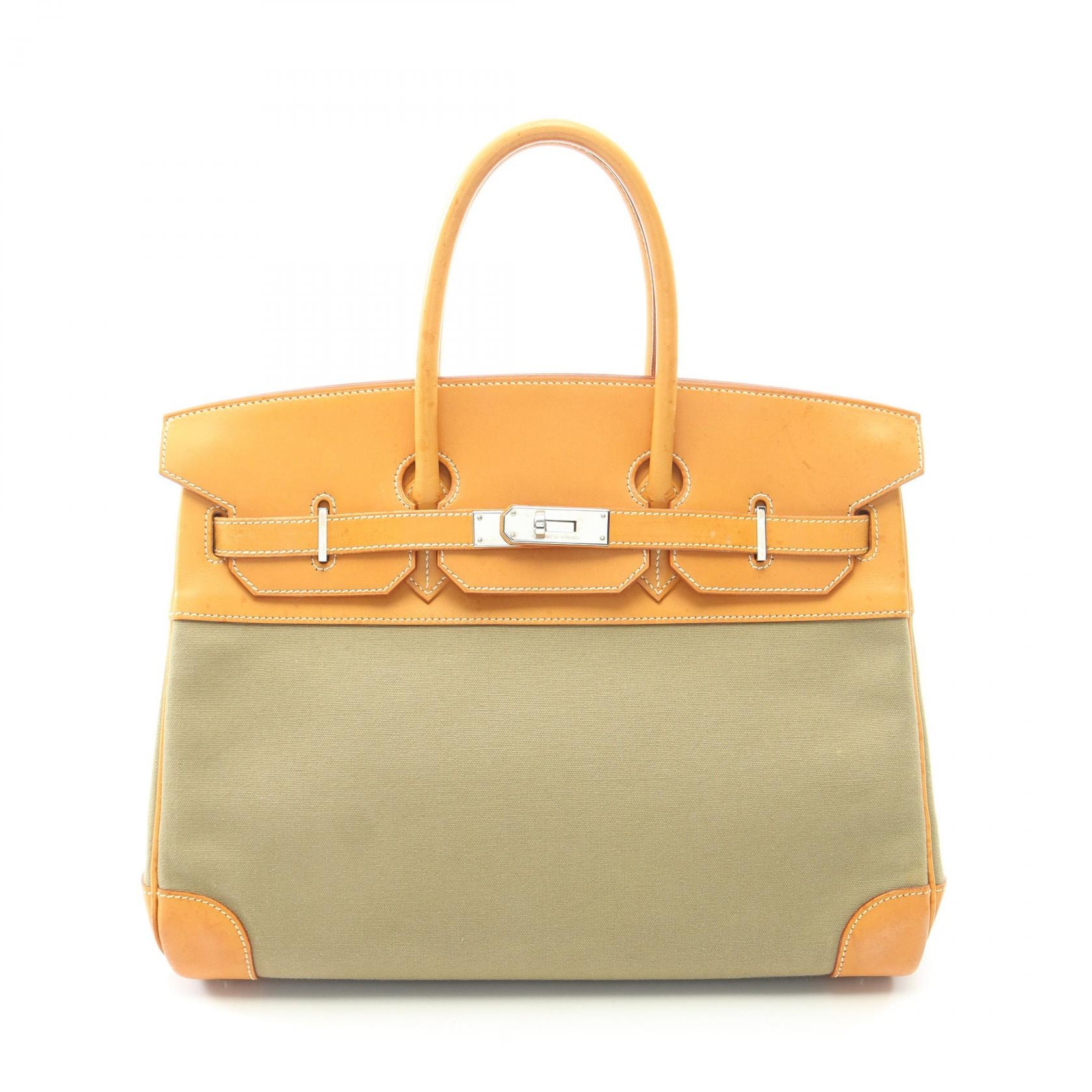 エルメス HERMES バーキン35 ハンドバッグ バッグ キャンバス レザー トワルオフィシェ / ヴォーバレニア ヴォーバレニア ナチュラル □K刻印(2007年製造) レディース カーキ系 / ブラウン系 【中古】