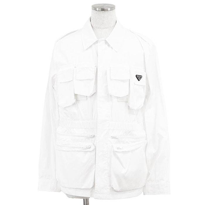 【極美品】PRADA プラダ ジャケット サイズ 48 メンズ シャツジャケット ミリタリー 高密度コットンブロード トライアングルロゴプレート アウター ボタン付属 ホワイト 白 イタリア製
