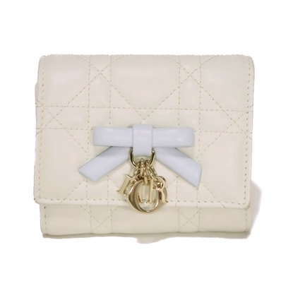 Dior ディオール Qixi LadyDior Hibiscus ウォレット 現行 リボン アイスブルー バイカラー ロゴチャーム カナージュ ラテホワイト 札入れ カードケース コインケース 三つ折り財布 S2624OUQC_M13E