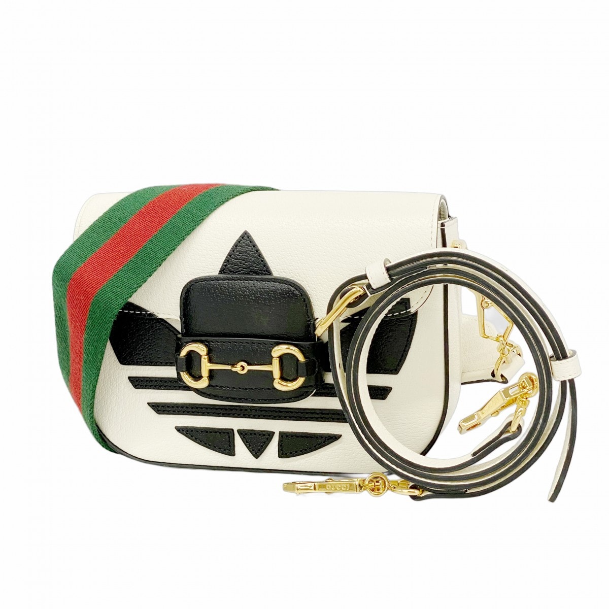 【6dd4790-k】グッチ ショルダーバッグ ホースビット アディダスコラボ 658574 レザー ブラック ホワイト ゴールド金具【中古】レディース