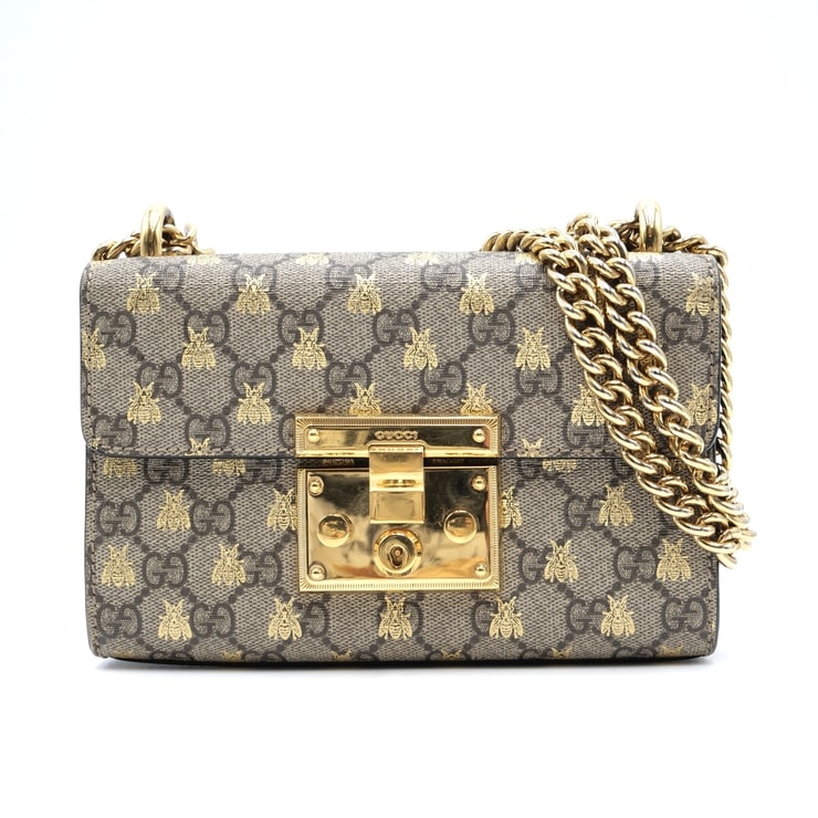 GUCCI(グッチ)GGスプリーム ビー パドロック スモール チェーンショルダーバッグ 蜂柄 PVC レザー ベージュ ブラウン ゴールド金具 レディース 409487【中古】