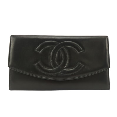 【中古】 シャネル 二つ折り財布 ココマーク ラムスキン ブラック 小物 レディース 女性 CHANEL