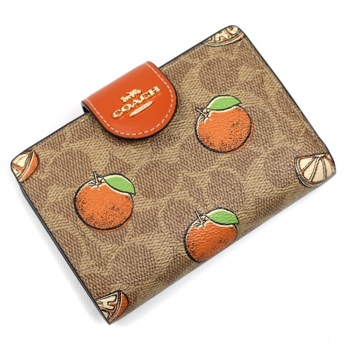 COACH コーチ ミディアム コーナージップ オレンジプリント 二つ折り財布 オレンジ タンマルチ CAP04 アウトレット レディース【中古】