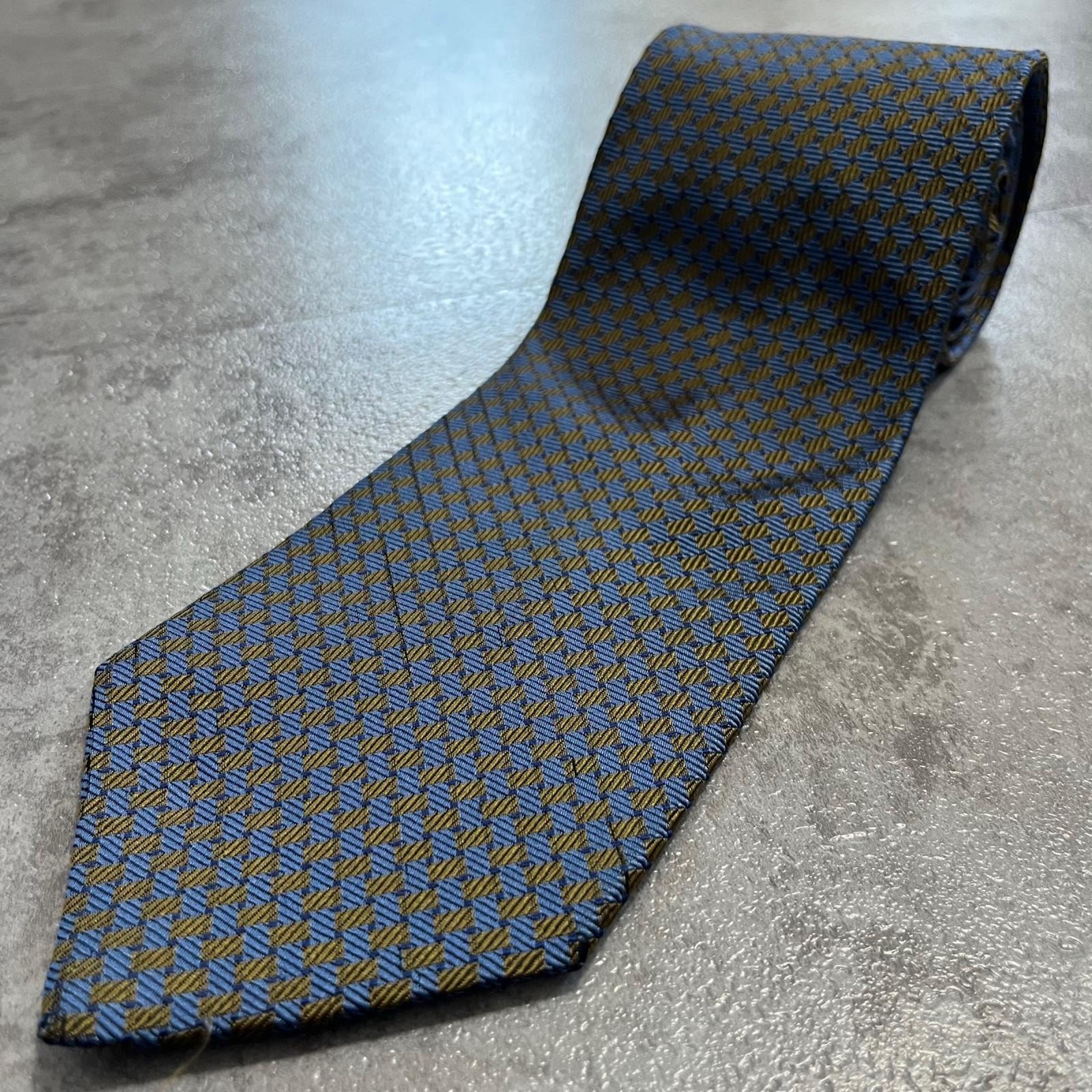 【Brooks Brothers】ブルックスブラザーズ 幾何学 菱形 ダイヤ 小紋柄 ジャカード ネクタイ ブルー ベージュ シルク100% アメリカ製 メンズ