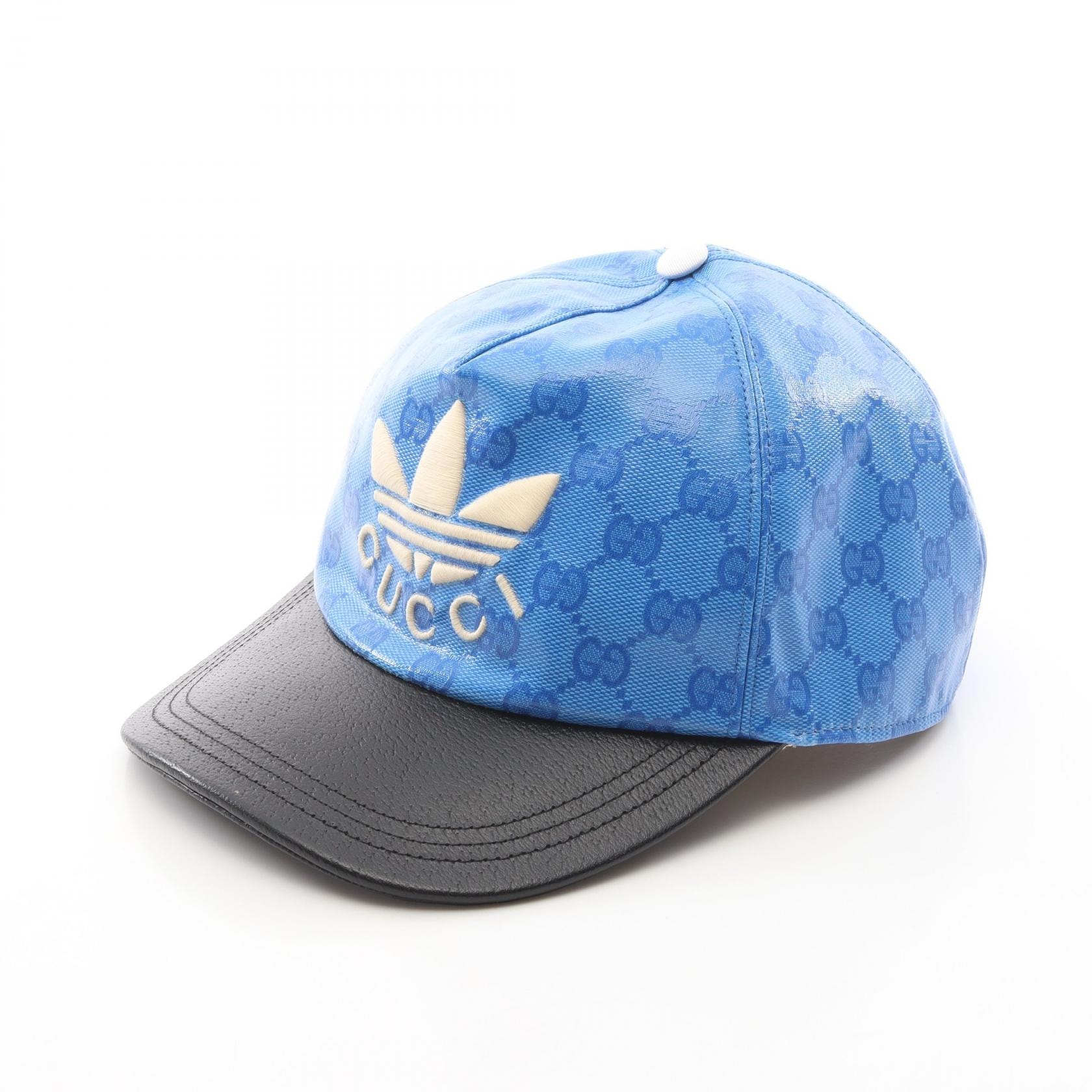 グッチ GUCCI GUCCI × adidas GG柄 トレフォイル ベースボール キャップ 帽子 ナイロン レザー コットン メンズ レディース ブルー系 / ブラック系 【中古】
