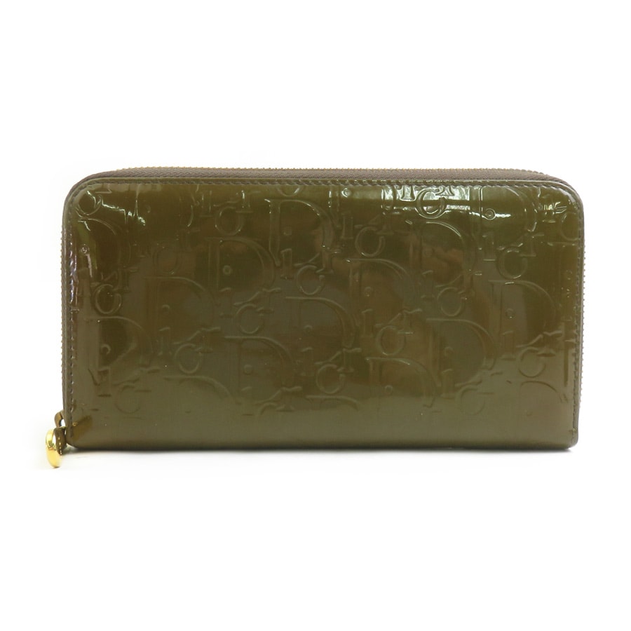 クリスチャンディオール Christian Dior ラウンドファスナー長財布 パテントレザー カーキ レディース【中古】 h32184a