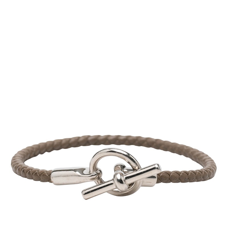 エルメス グレナン 編み込み ブレスレット 腕回り17cm シルバー ベージュ レザー メタル レディース HERMES 中古