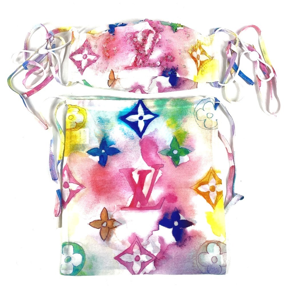ルイヴィトン LOUIS VUITTON マスクカバー 巾着ポーチ セット M76772 モノグラムウォーターカラー スパンコール ペア マスク コットン マルチカラー 美品