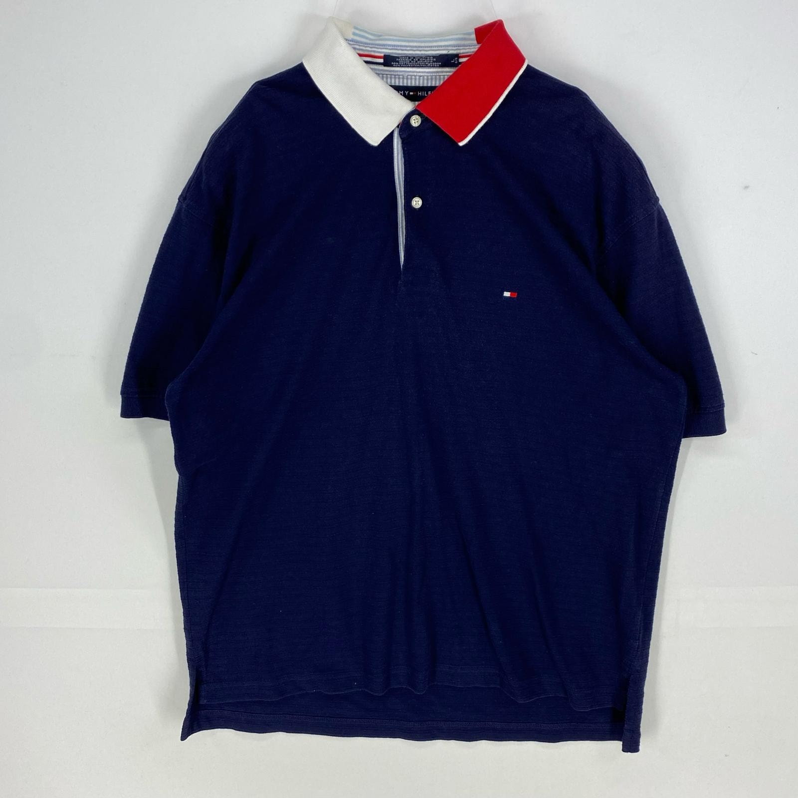 古着 トミーヒルフィガー TOMMY HILFIGER 半袖シャツ ワンポイント ショートスリーブ ポロシャツ ロゴ刺繍 L ネイビー系 メンズ