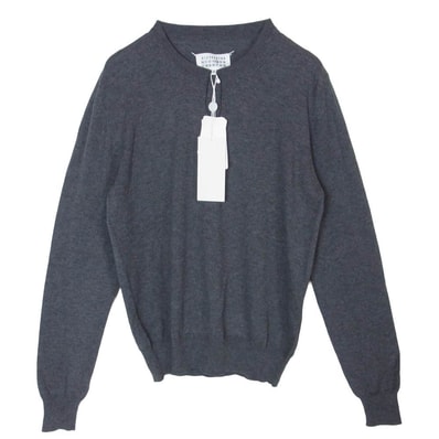 MAISON MARGIELA メゾンマルジェラ S50HA0845 S16564 14ライン 4ステッチ 四つタグ スエードレザーエルボーパッチ コットンウール クルーネック ニット セーター チャコール系 859 S【新古品】【未使用】【中古】