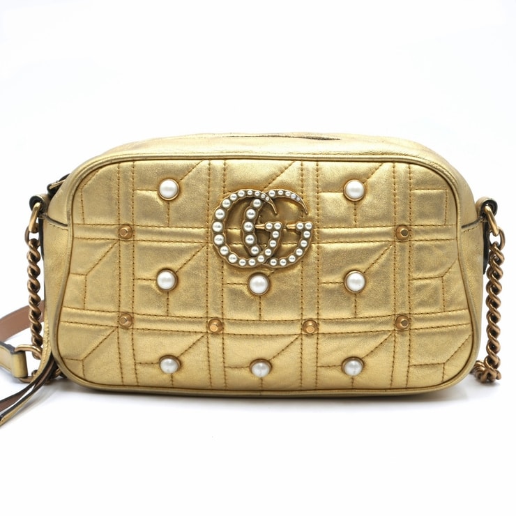 GUCCI(グッチ)GGマーモント パーリー カメラバッグ ショルダーバッグ キルティングレザー ゴールド パール スタッズ チェーン 447632 レディース【中古】