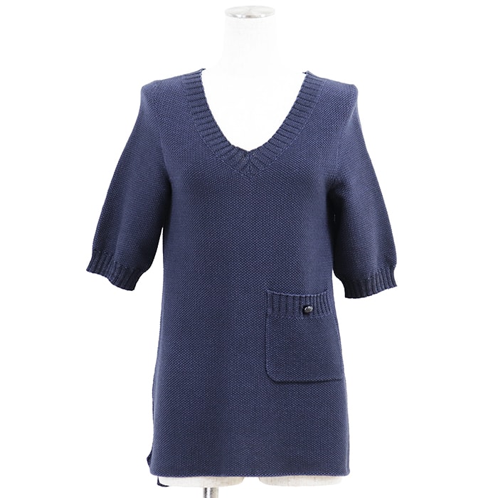 SALE【美品】CHANEL シャネル ニット ハーフスリーブ サイズ 34 レディース P51263 2015年製 COCOマーク ロゴ ラインストーン ローゲージ Vネック トップス ネイビーパープル 紺 紫 フランス製 カール・ラガーフェルド期
