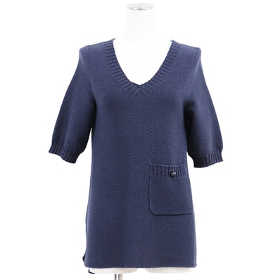 SALE【美品】CHANEL シャネル ニット ハーフスリーブ サイズ 34 レディース P51263 2015年製 COCOマーク ロゴ ラインストーン ローゲージ Vネック トップス ネイビーパープル 紺 紫 フランス製 カール・ラガーフェルド期