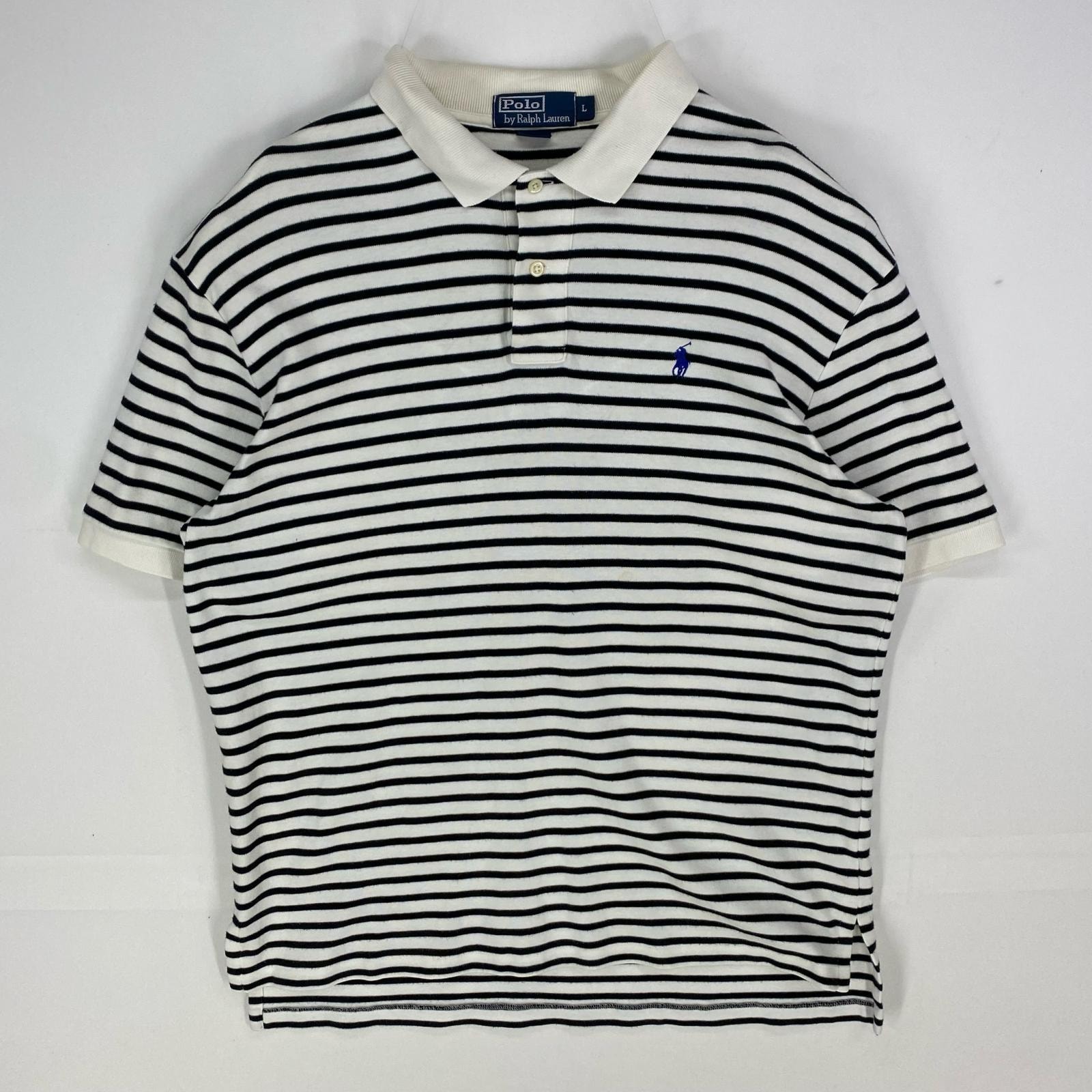 古着 ポロバイラルフローレン Polo by Ralph Lauren 半袖シャツ ワンポイント ポロシャツ ロゴ刺繍 L  ホワイト系 ボーダー メンズ
