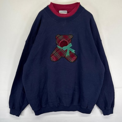 古着 リー Lee USA製 スウェット レイヤードネック プルオーバー クマ刺繍ロゴ 大きいサイズ XL ネイビー系 メンズ