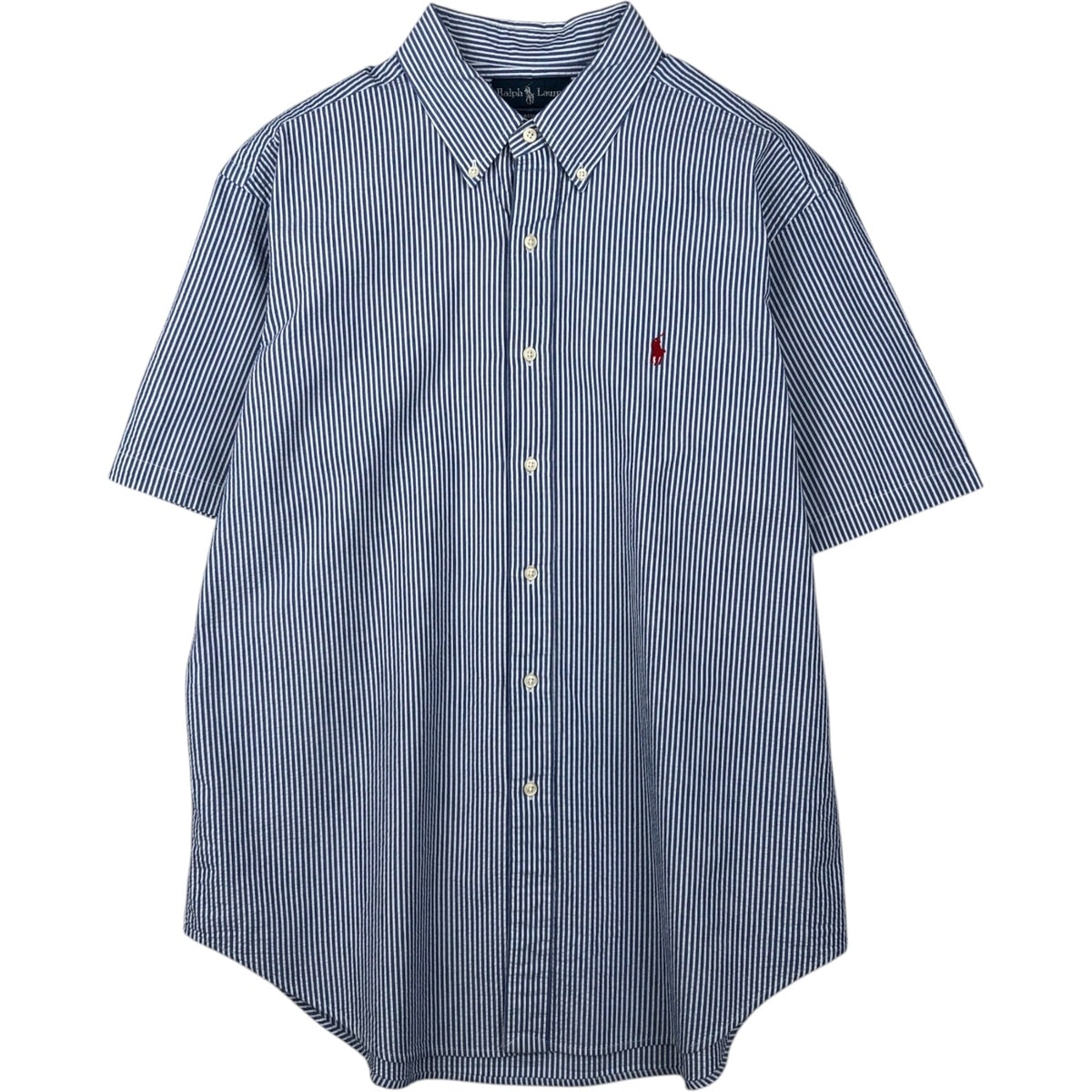 古着 ラルフローレン Ralph Lauren CLASSIC FIT クラシックフィット シアサッカー 半袖 ボタンダウン ストライプシャツ メンズXL相当/eaa643909