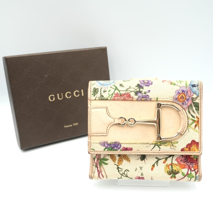 GUCCI(グッチ)ホースビット フローラ ヴィンテージ 二つ折り財布 花柄 キャンバス レザー ベージュ マルチカラー ゴールド金具 138029 2149 レディース【中古】