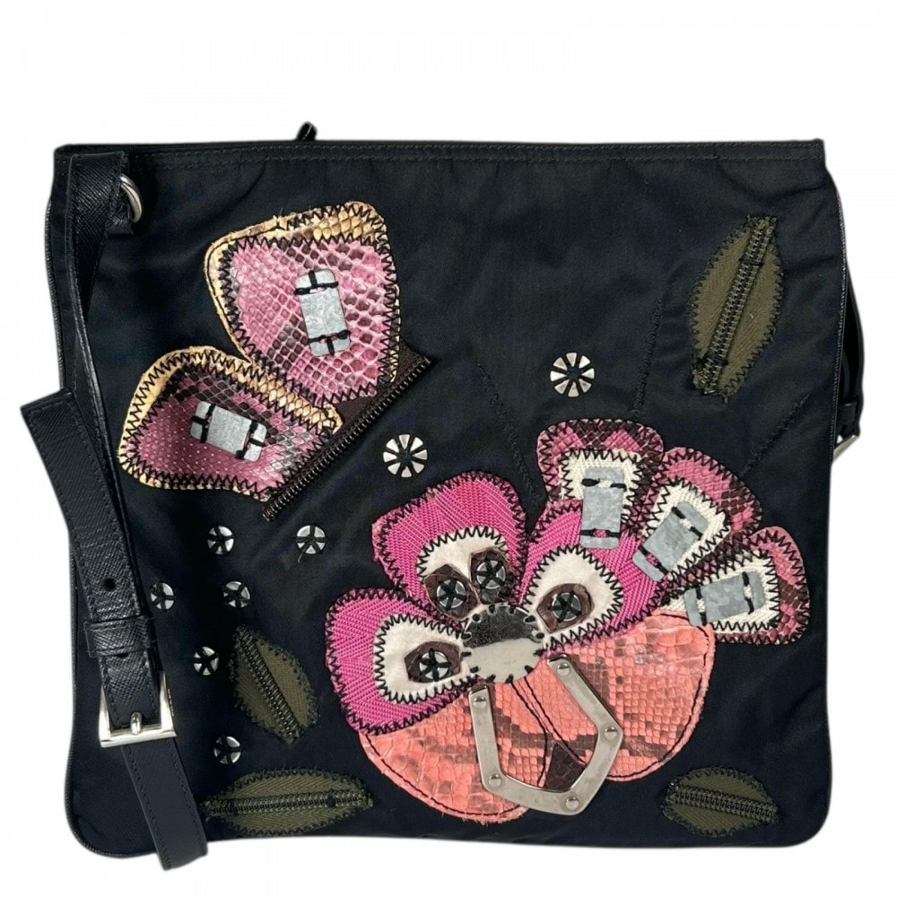 PRADA プラダ ショルダーバッグ  ナイロン  パイソン  ブラック 黒 シルバー金具 レディース【中古品】