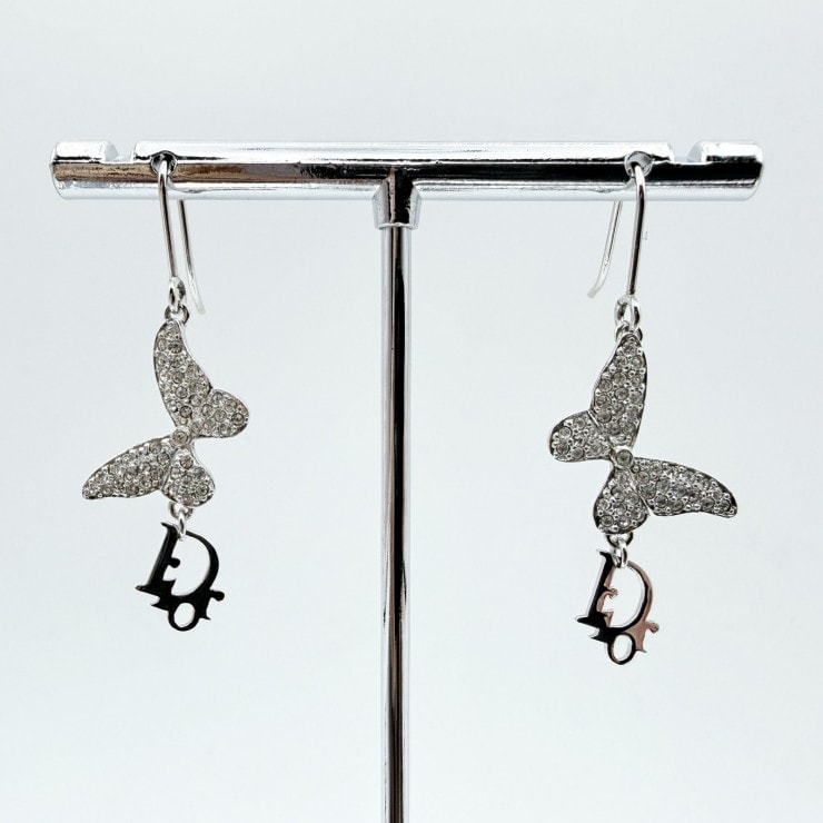 Christian Dior(クリスチャンディオール)パピヨン ピアス バタフライ フックピアス ラインストーン シルバーカラー CDロゴ 全長約4cm レディース【中古】