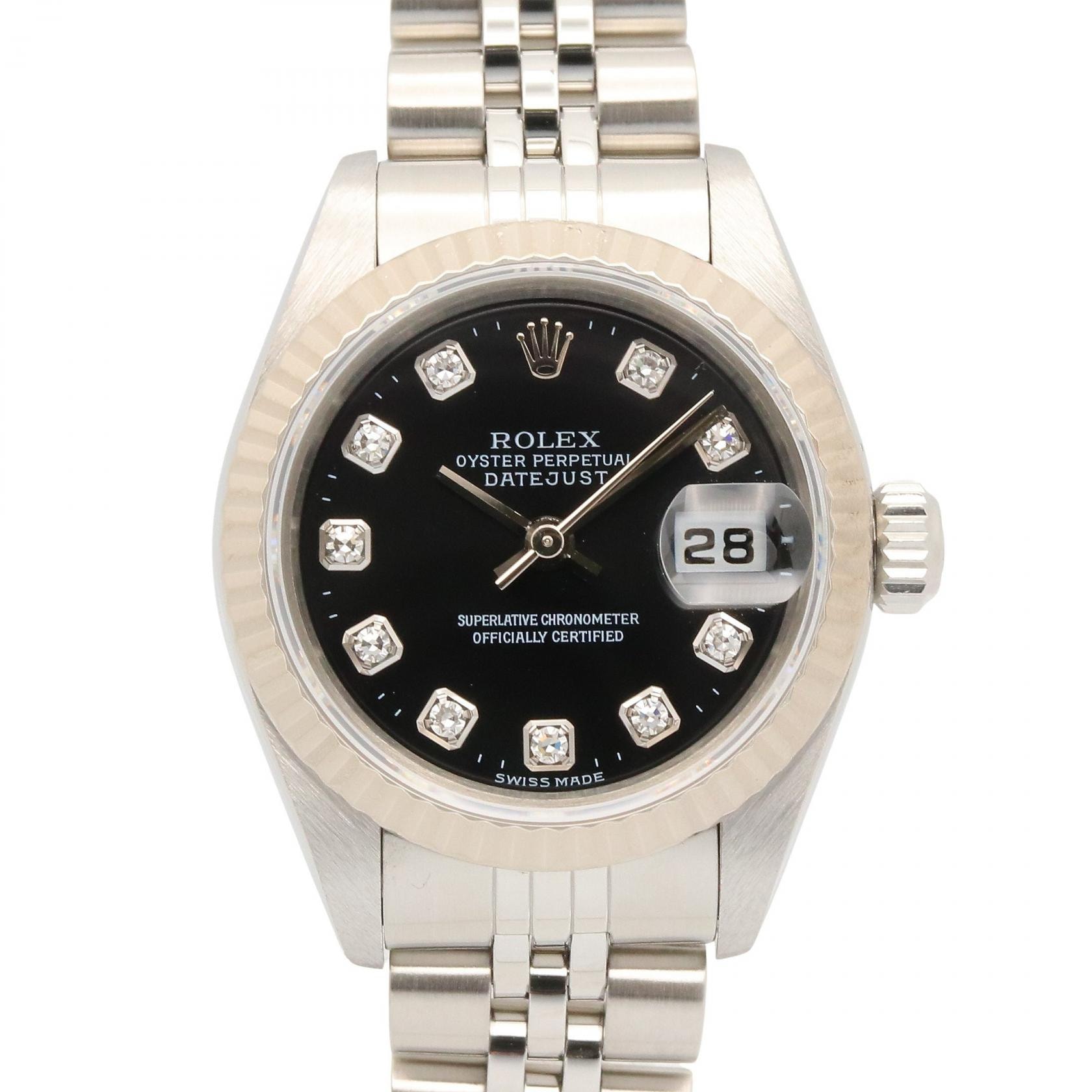 ロレックス ROLEX デイトジャスト 10Pダイヤ P番 新ダイヤ 腕時計 時計 K18WG(ホワイトゴールド) ステンレススチール ダイヤモンド レディース ブラック系 / シルバー系 79174G 【中古】