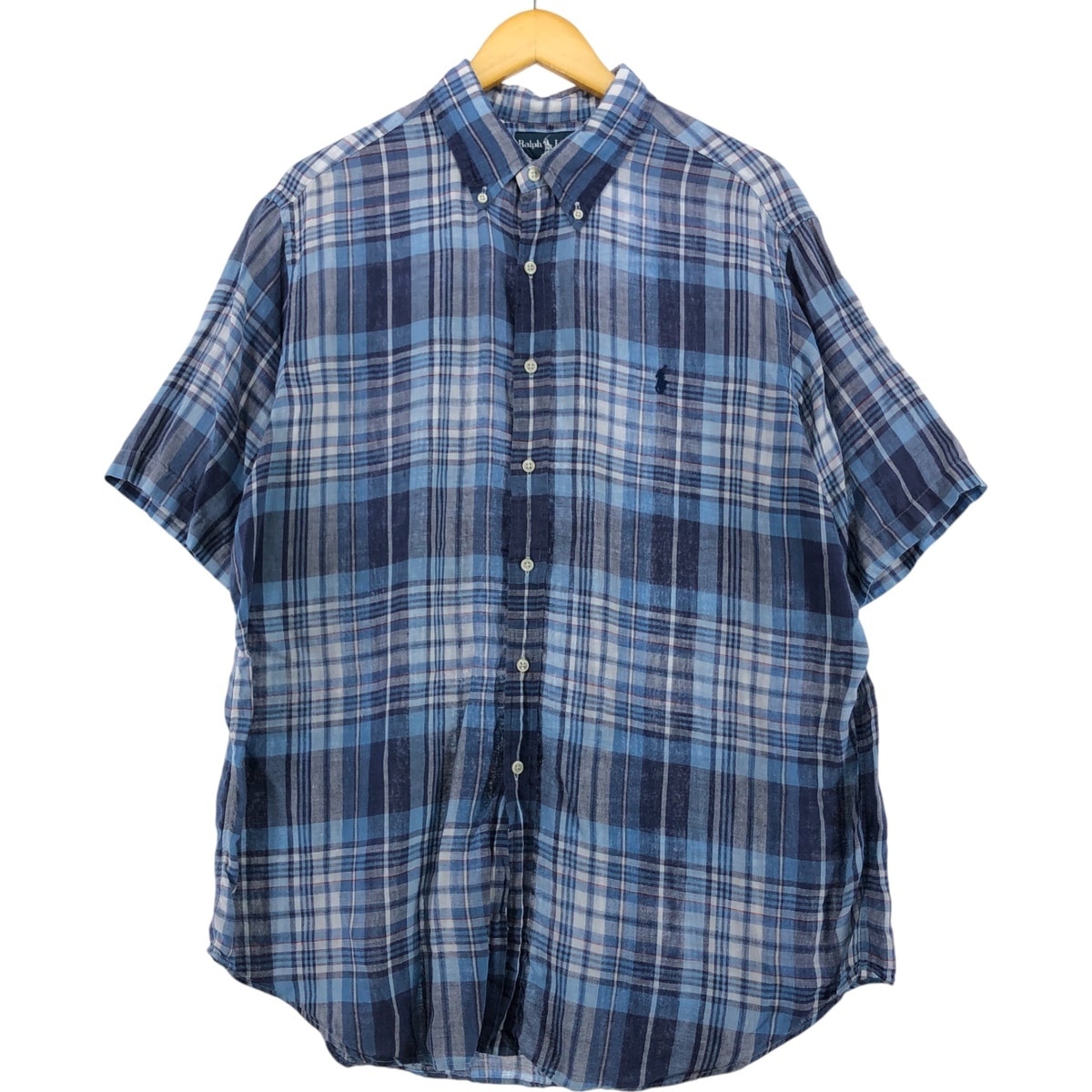 古着 ラルフローレン Ralph Lauren CLASSIC FIT チェック柄 半袖 リネン ボタンダウンシャツ メンズXL相当/eaa543718
