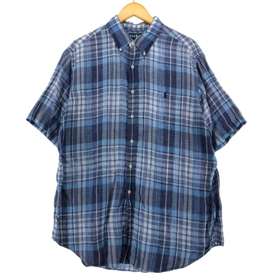 古着 ラルフローレン Ralph Lauren CLASSIC FIT チェック柄 半袖 リネン ボタンダウンシャツ メンズXL相当/eaa543718