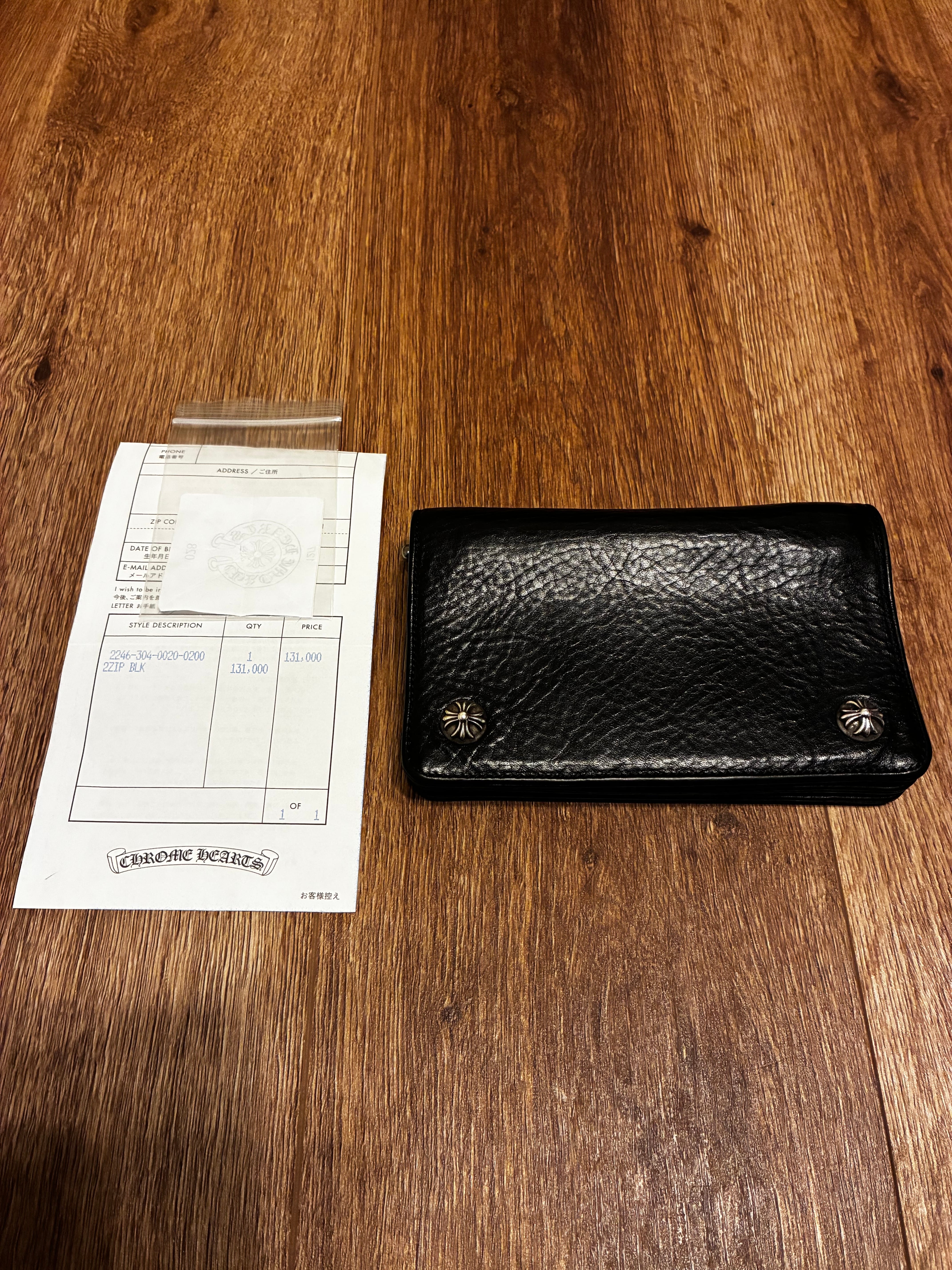 Chrome Hearts 2-Zip Wallet Cross Button Strap Black Leather "Black"