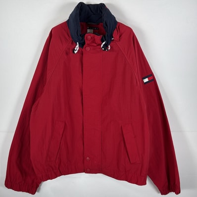 古着 トミーヒルフィガー TOMMY HILFIGER ナイロンジャケット 袖ワッペン 収納フード付き ロゴ刺繍 L レッド メンズ