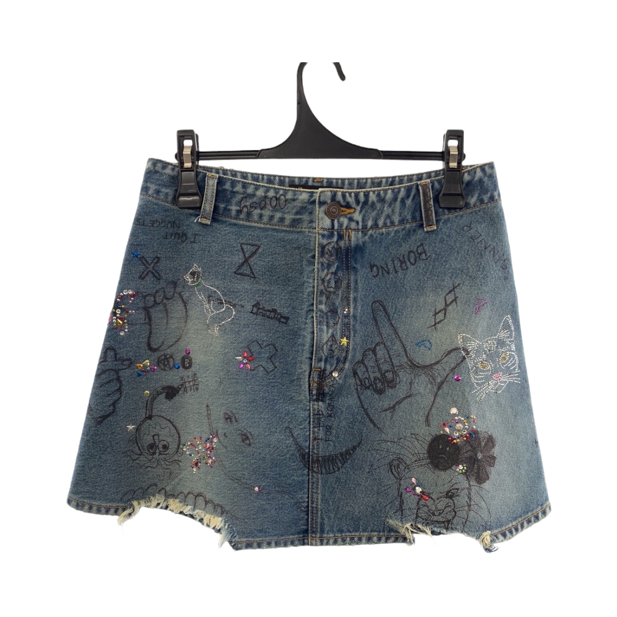 美品 BALENCIAGA バレンシアガ グラフィック プリント ラインストーン サイズ36 ブルー マルチカラー シルバー金具 デニム ミニスカート 503758 【中古】