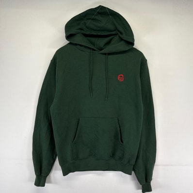 古着 チャンピオン Champion パーカー 刺繍デザイン プルオーバー 袖ワンポイント スウェット フーディ S グリーン系 メンズ