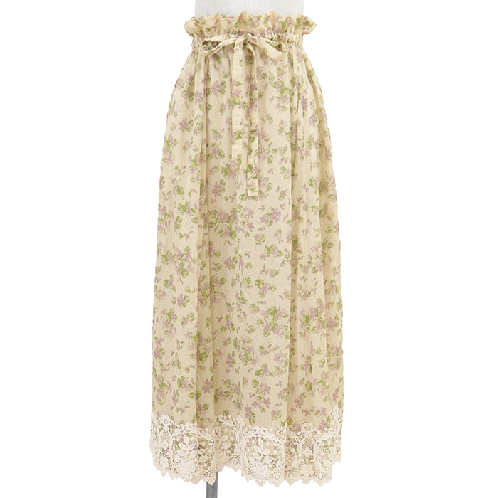 【美品】Christian Dior クリスチャンディオール ギャザースカート サイズ 34 レディース シアー フローラル 花柄 フラワーレースヘム コットン100% ボトムス ライトベージュ マルチカラー 総柄 イタリア製