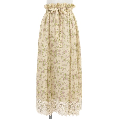 【美品】Christian Dior クリスチャンディオール ギャザースカート サイズ 34 レディース シアー フローラル 花柄 フラワーレースヘム コットン100% ボトムス ライトベージュ マルチカラー 総柄 イタリア製