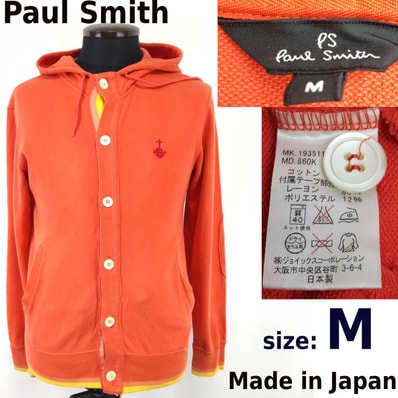 日本製★Paul Smith/ポールスミス★ボタン/スウェットパーカー【メンズM/オレンジ色/長袖】ワンポイント刺繍/Tops/hoodie/jacket◆BJ165-b