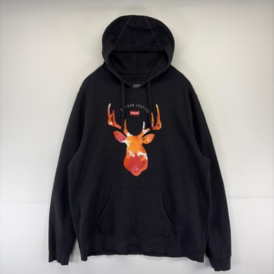 古着 リーバイス Levi's パーカー プリント フーディ スウェット 大きいサイズ プルオーバー 2XL ブラック系 メンズ
