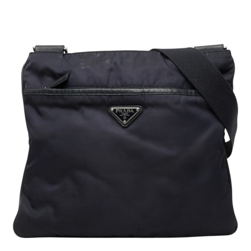 プラダ 三角ロゴプレート 斜め掛け ショルダーバッグ ネイビー ナイロン レザー レディース PRADA 中古