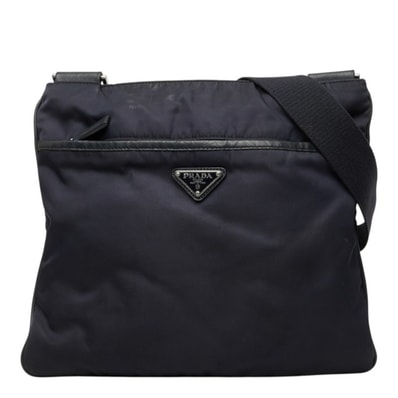プラダ 三角ロゴプレート 斜め掛け ショルダーバッグ ネイビー ナイロン レザー レディース PRADA 中古