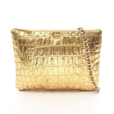 シャネル CHANEL クロコ型押し ショルダーバッグ バッグ レザー レディース ゴールド系 【中古】