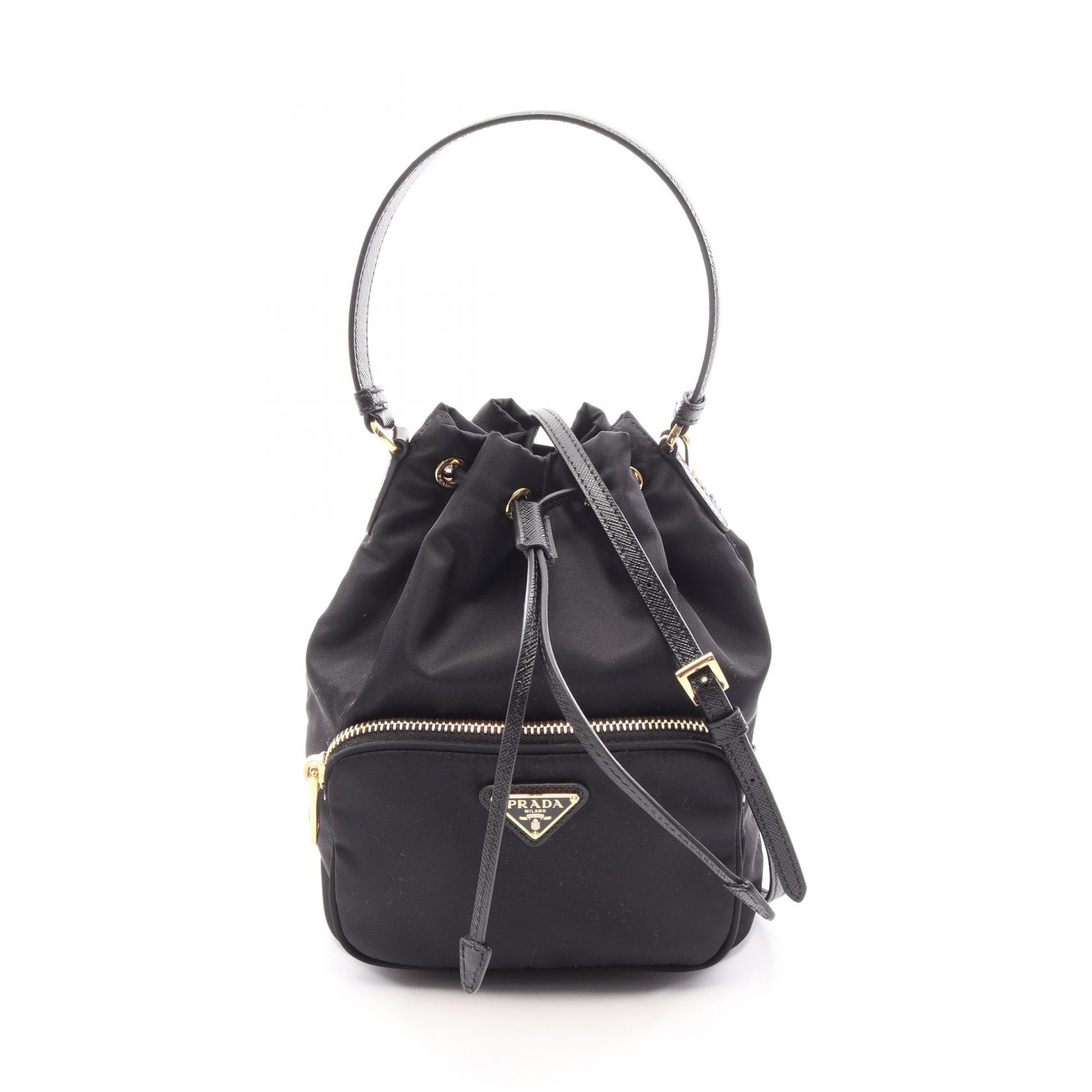 プラダ PRADA デュエット Re-Nylon バケットバッグ 2WAY ハンドバッグ バッグ ナイロン サフィアーノレザー レディース ブラック系 1BH038 【中古】